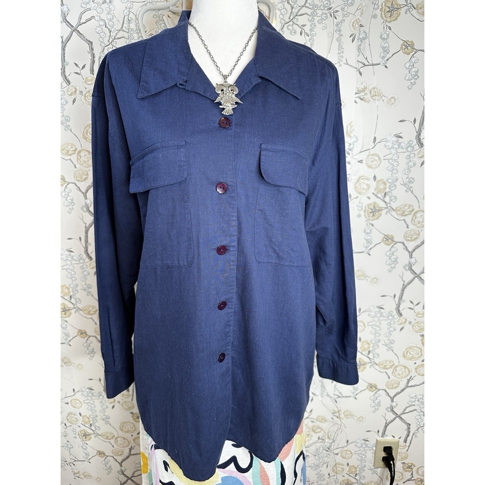 Jennifer Moore Button Up Shirt Women's Sz 16W Linen-Cotton Blend Long Sleeves